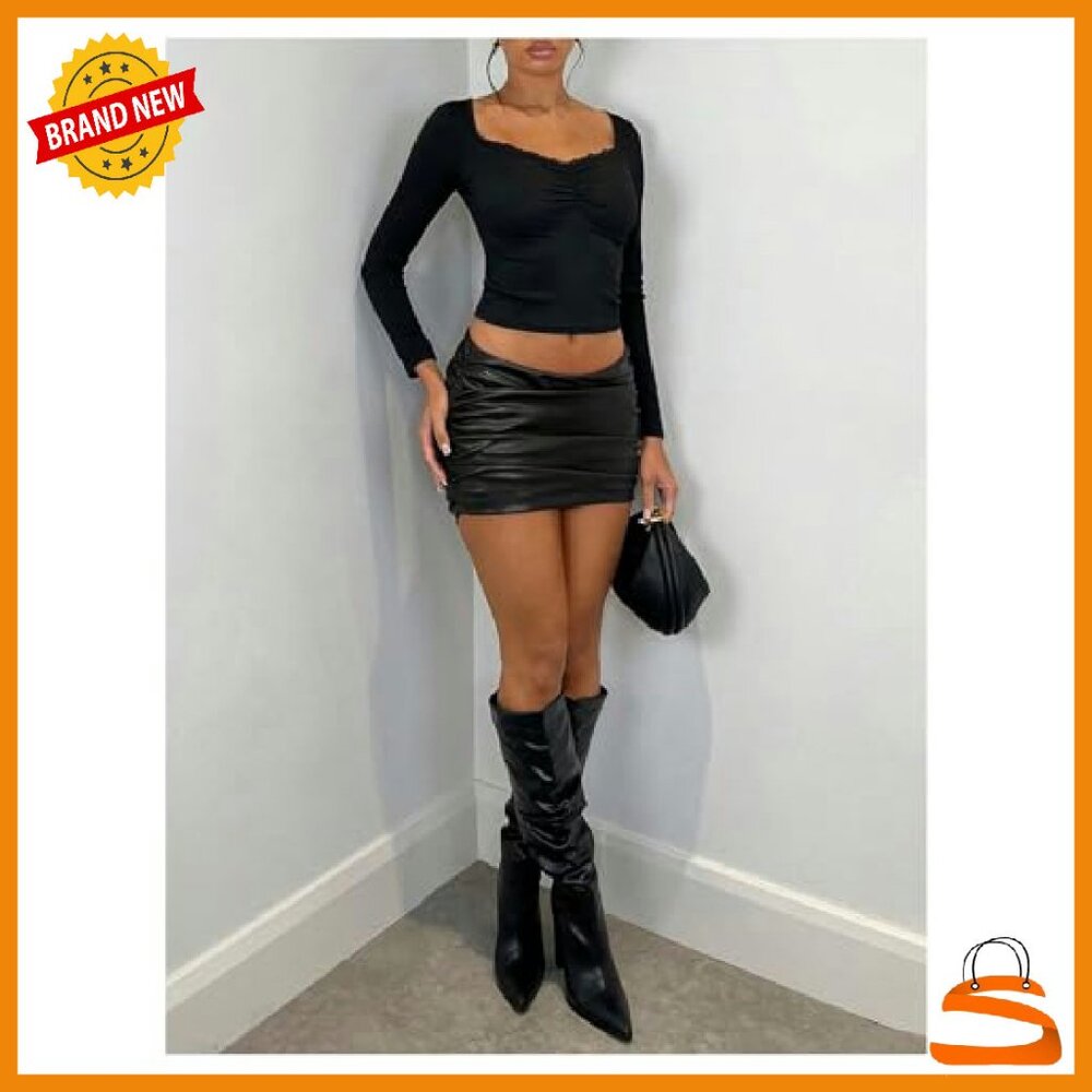 Low Waist Ruched PU Leather Mini Skirt Bodycon Party Wear - Picture 5 of 6